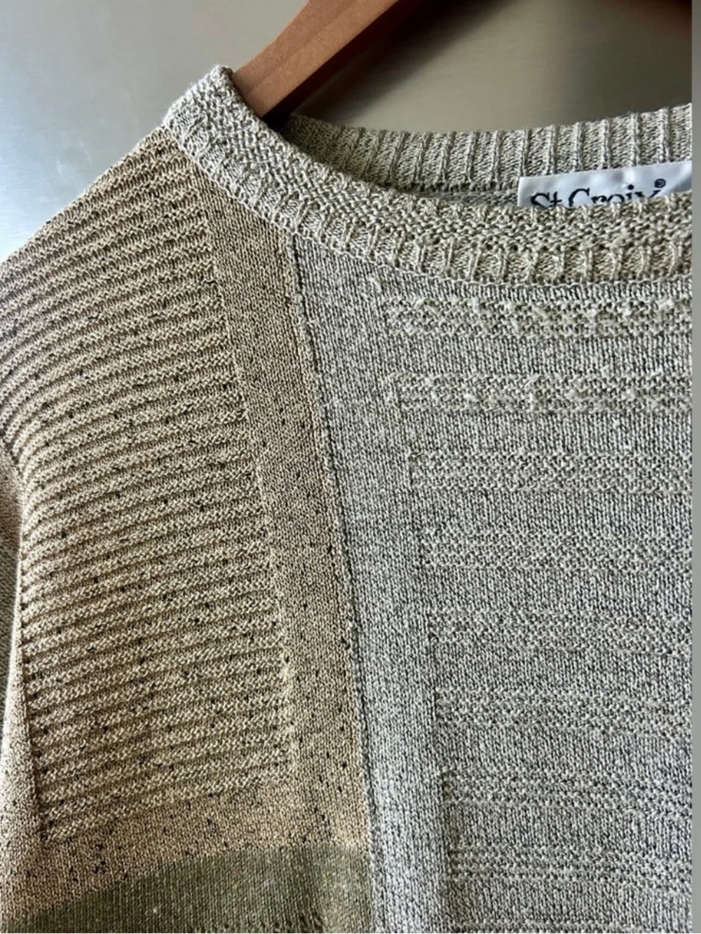 St. Croix Knits XL Cotton Textured Patchwork Sweater Neutral Beige